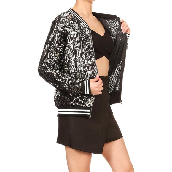 Brand New Women Black White Stripe Polyester Anna-Kaci Sequin Long Sleeve - Picture 4 of 6